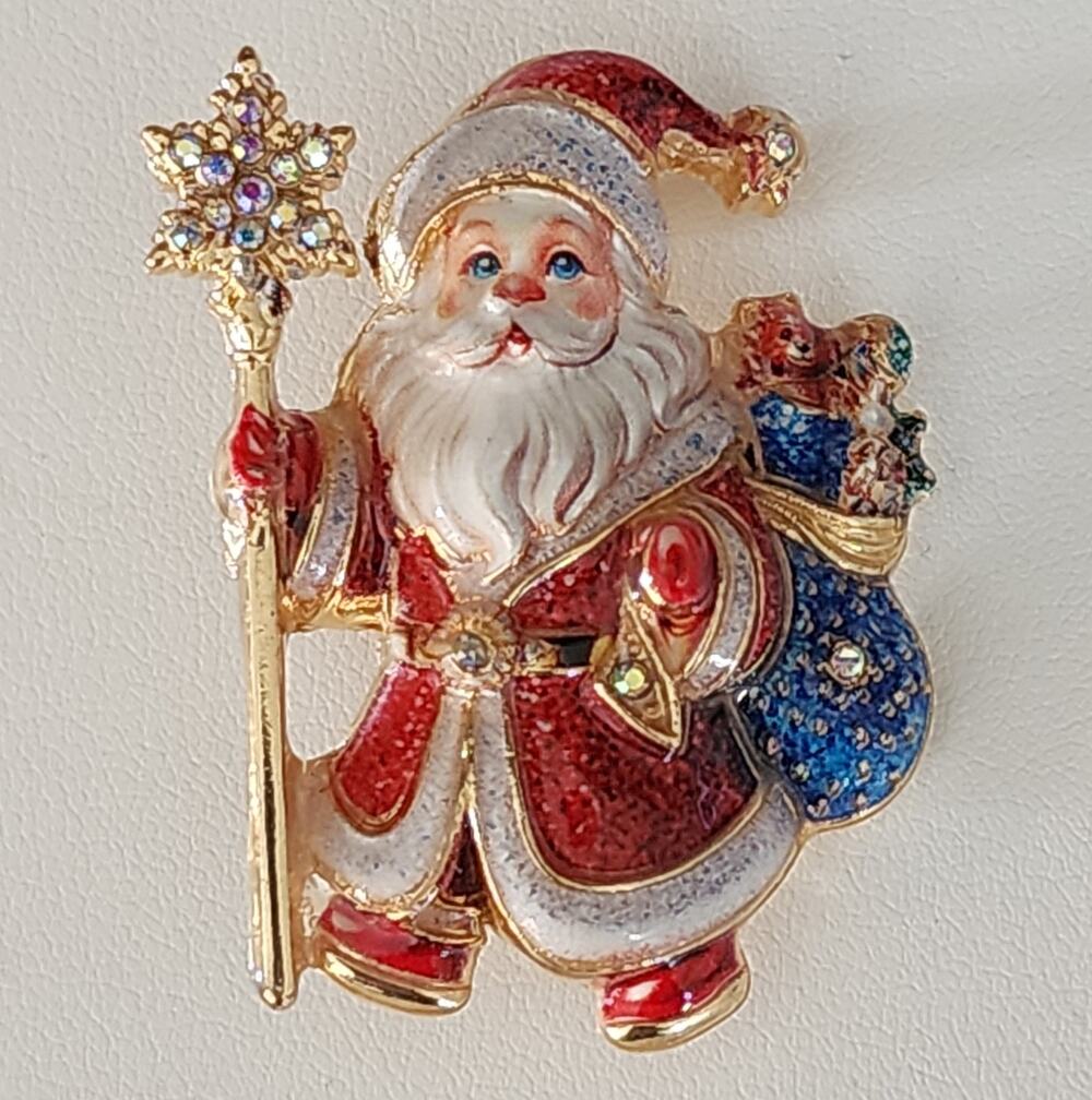 Festive Santa Claus Brooch Gold Tone Metal with Red & Blue Enamel Rhinestones